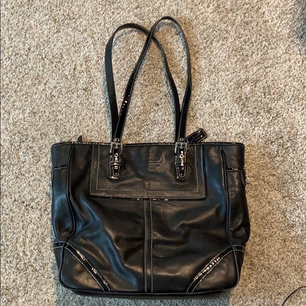 Coach leather tote with patent leather trim